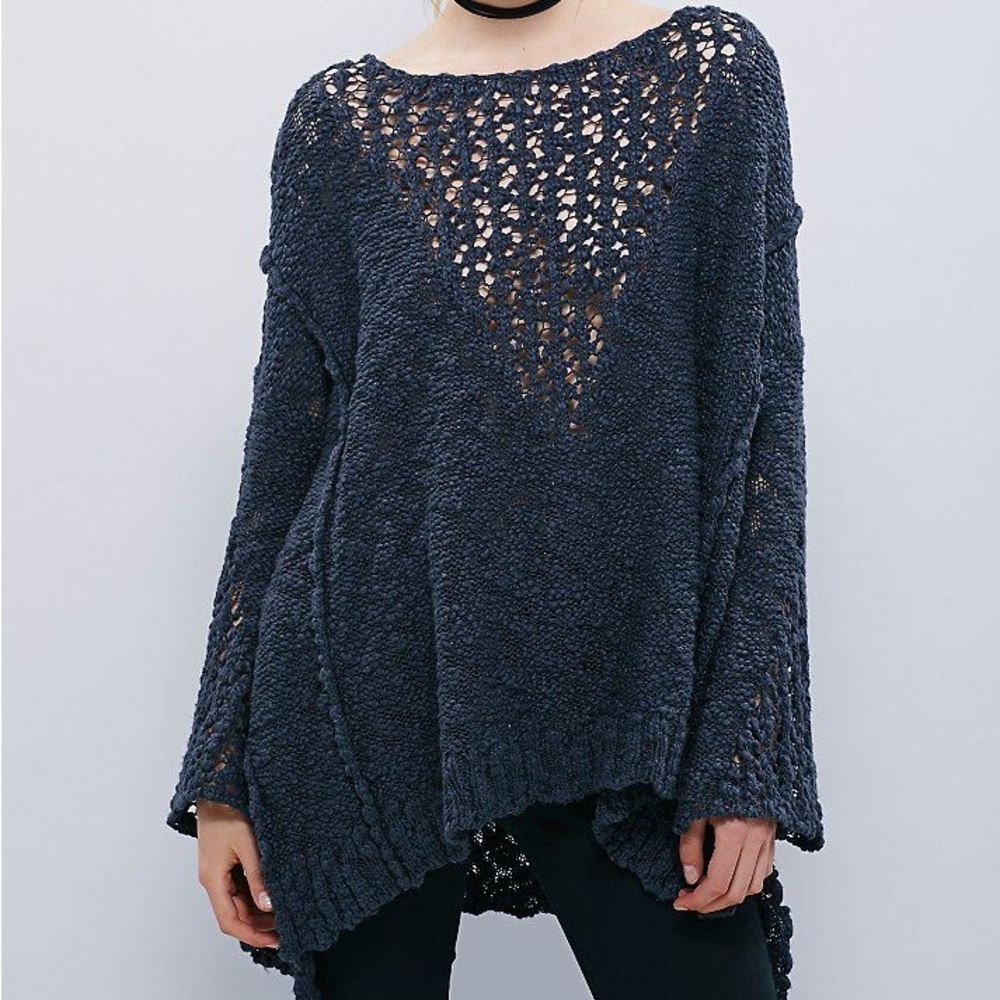 Free People Pretty Pointelle Vee Sweater- Gray